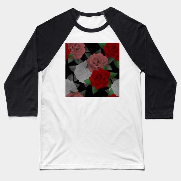 Red and pink roses on black background Baseball T-Shirt by IrinaGuArt